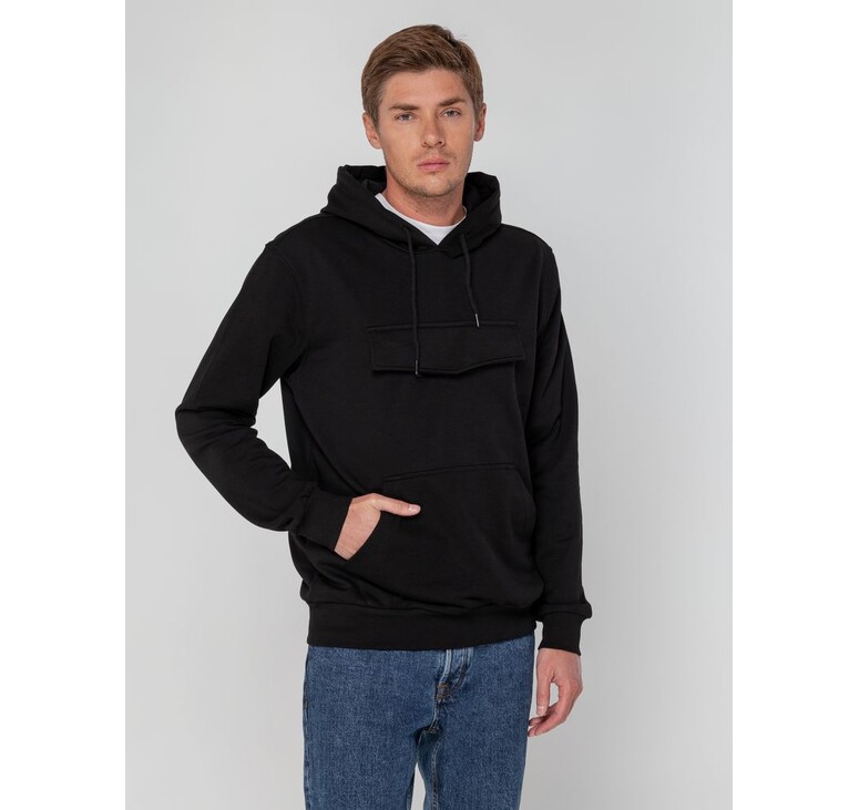 Худи унисекс с карманом на груди Chest Pocket, черное, размер XS/S