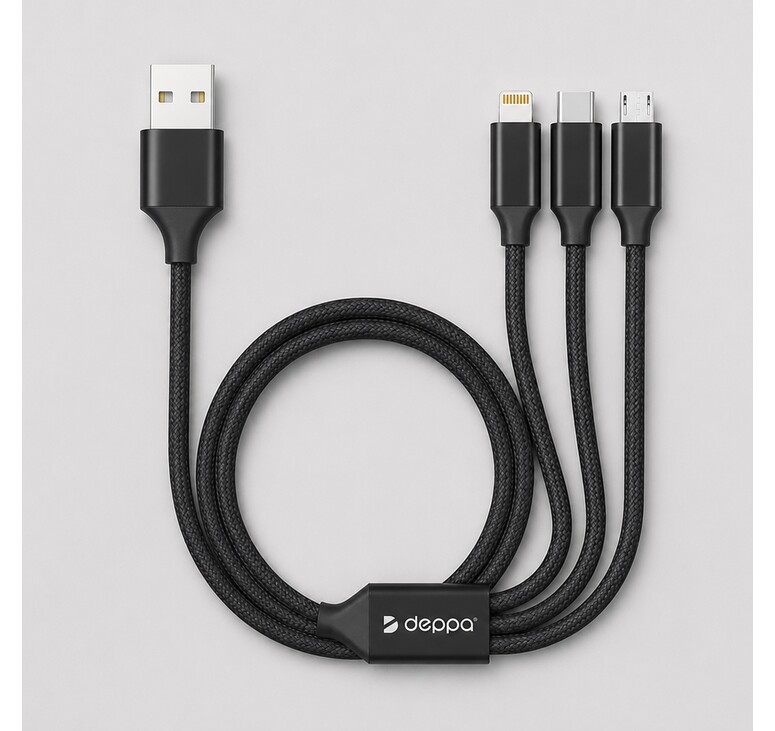 Дата-кабель 3 в 1: micro USB, USB-C, Ligthning, алюминий, 1.2м, черный, Deppa