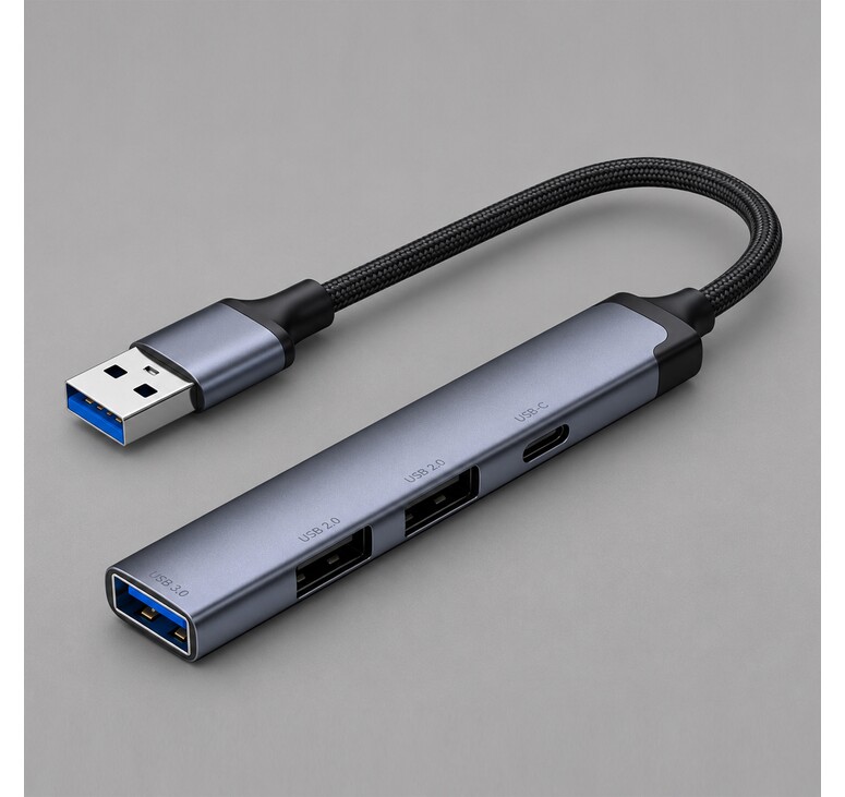 USB-хаб USB-A 3.0 + 2xUSB-A 2.0 + USB-C, серый, Deppa