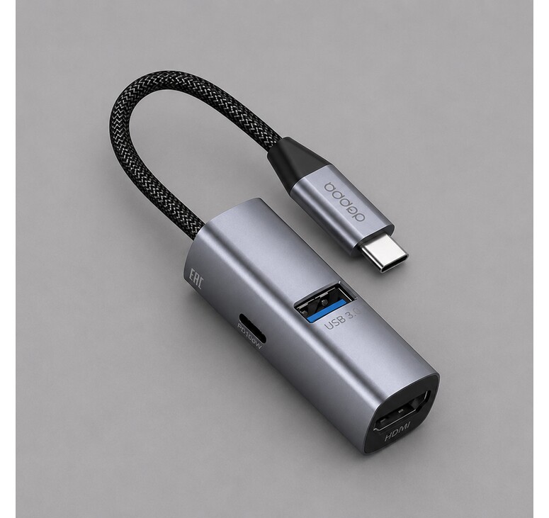 USB-хаб 3 в 1 USB-C - USB-A3.0 + USB-C PD100Вт + HDMI, серый, Deppa