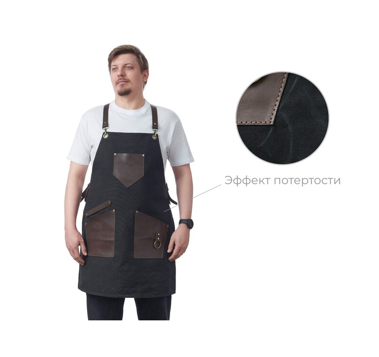 Фартук из канваса с ремнями из натуральной кожи, материал: канвас смесовый, плотность 450 гр/м, натуральная кожа КРС, цвет черный, коричневый темный