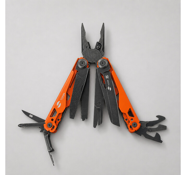 Мультитул Stinger, 107 х 19 мм, 19 функций, сталь, оранжевый корпус, стоунвош, в картонной коробке, в комплекте нейлоновый чехол