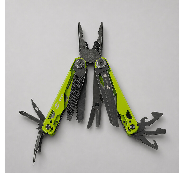 Мультитул Stinger, 107 х 19 мм, 19 функций, сталь, салатовый корпус, стоунвош, в картонной коробке, в комплекте нейлоновый чехол