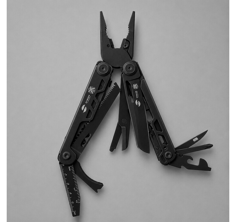 Мультитул Stinger, 113 х 19 мм, 19 функций, сталь, черный, в картонной коробке, в комплекте нейлоновый чехол