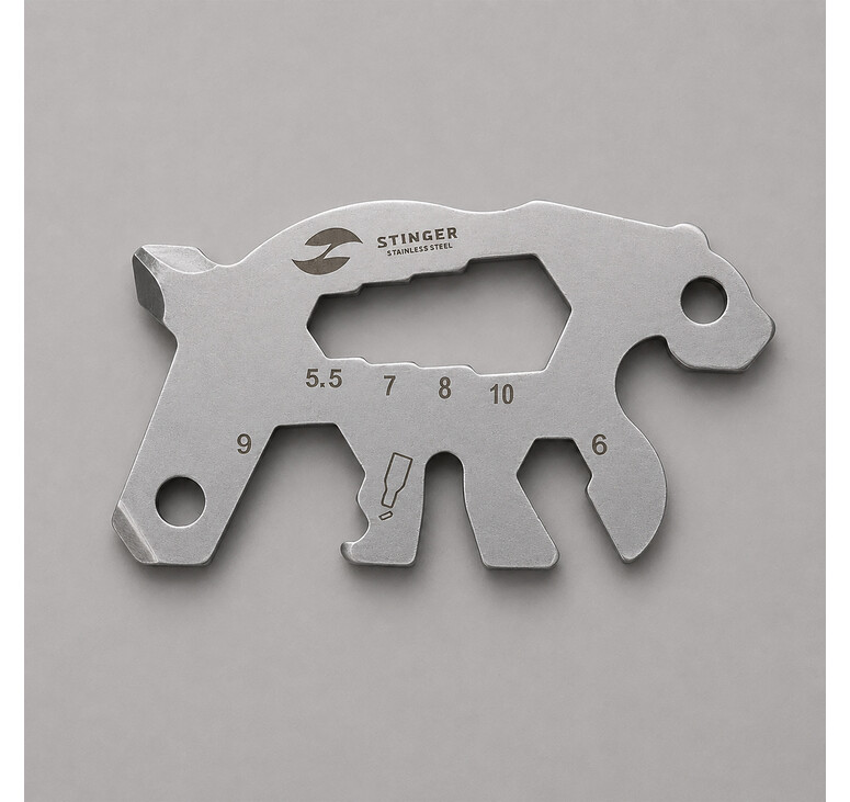 Мини-мультитул карманный Stinger, 55 x 35 мм, 5 функций, медведь, нержавеющая сталь, серебристый, в блистере