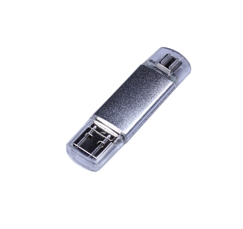 USB-флешка на 64 ГБ c двумя дополнительными разъемами MicroUSB и TypeC, серебро