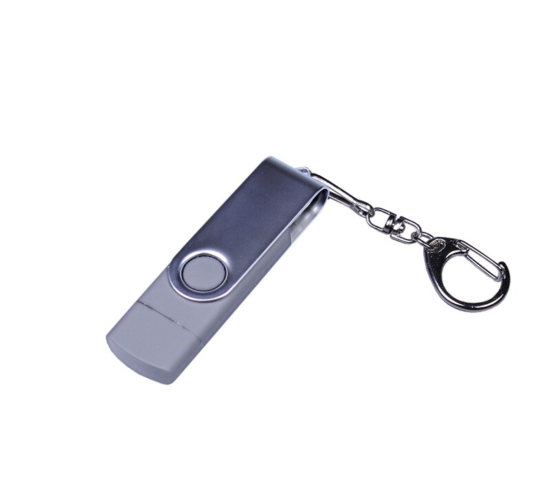 USB-флешка на 64 ГБ поворотный механизм, c двумя дополнительными разъемами MicroUSB и TypeC, серебро