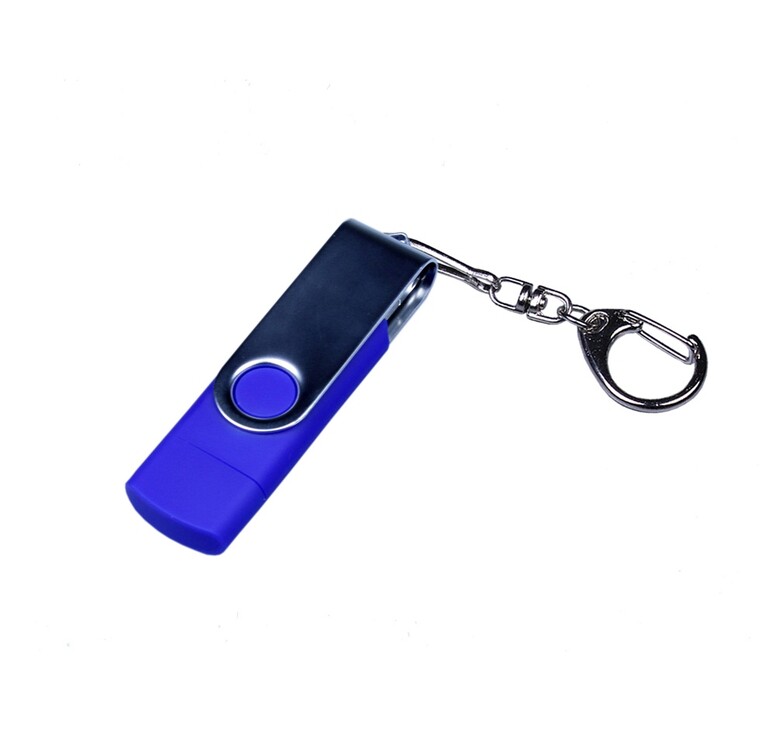 USB-флешка на 64 ГБ поворотный механизм, c двумя дополнительными разъемами MicroUSB и TypeC, синий