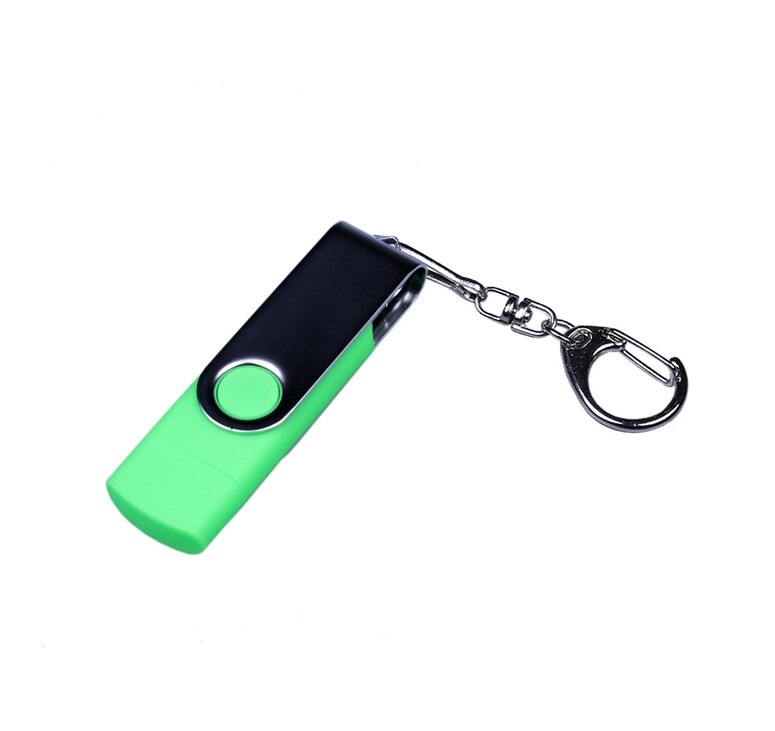 USB-флешка на 64 ГБ поворотный механизм, c двумя дополнительными разъемами MicroUSB и TypeC, зеленый