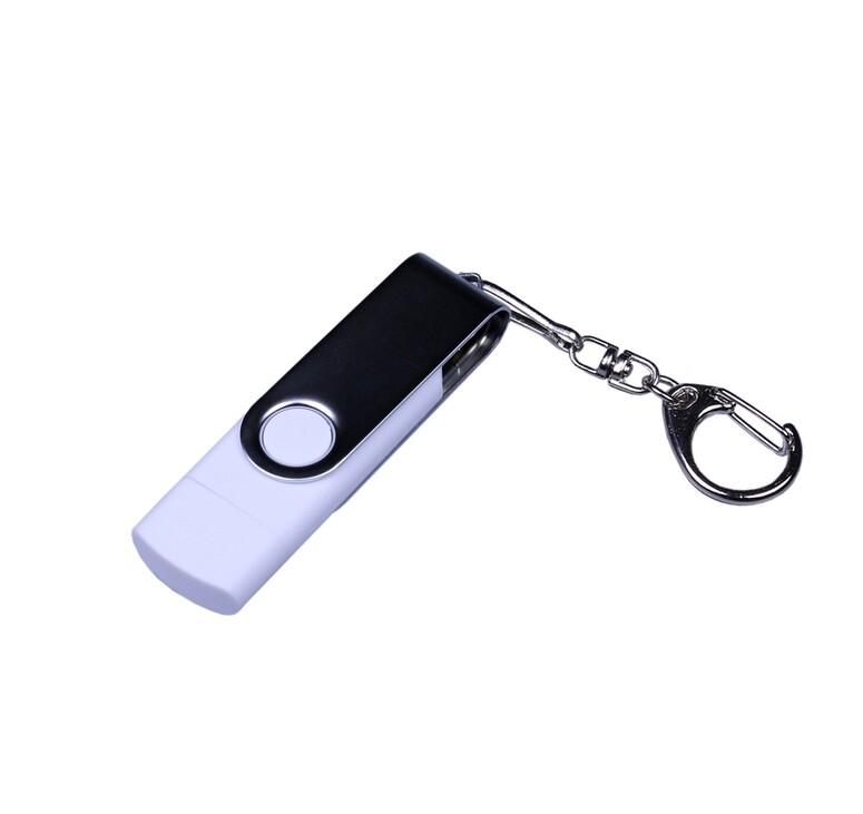 USB-флешка на 64 ГБ поворотный механизм, c двумя дополнительными разъемами MicroUSB и TypeC, белый