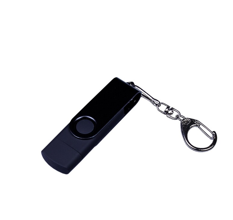 USB-флешка на 64 ГБ 3 в 1 поворотный механизм, c двумя дополнительными разъемами MicroUSB и TypeC C с одноцветным металлическим клипом, черный