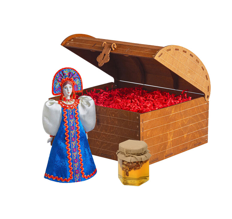 Подарочный набор: кукла фарфоровая, мед, синий